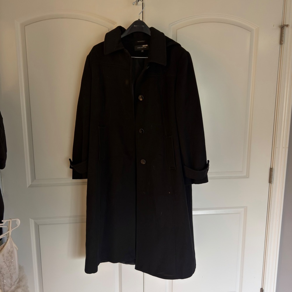 Jones New York Black Wool Blend Hooded Long Coat Womens 16W Plus Size Outerwear